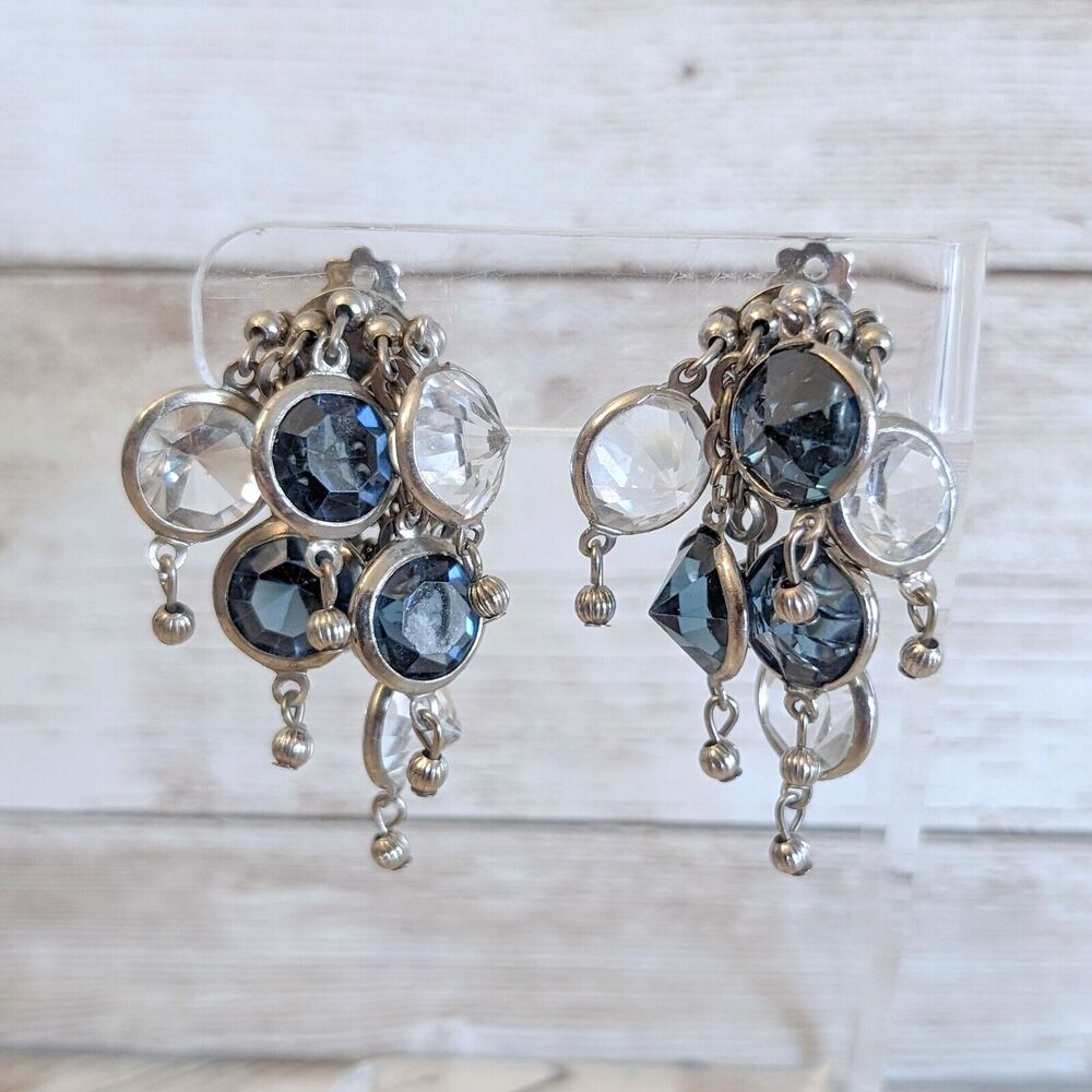 Vintage Lisner Clip On Earrings - Statement Dangle Blue & Clear Gems